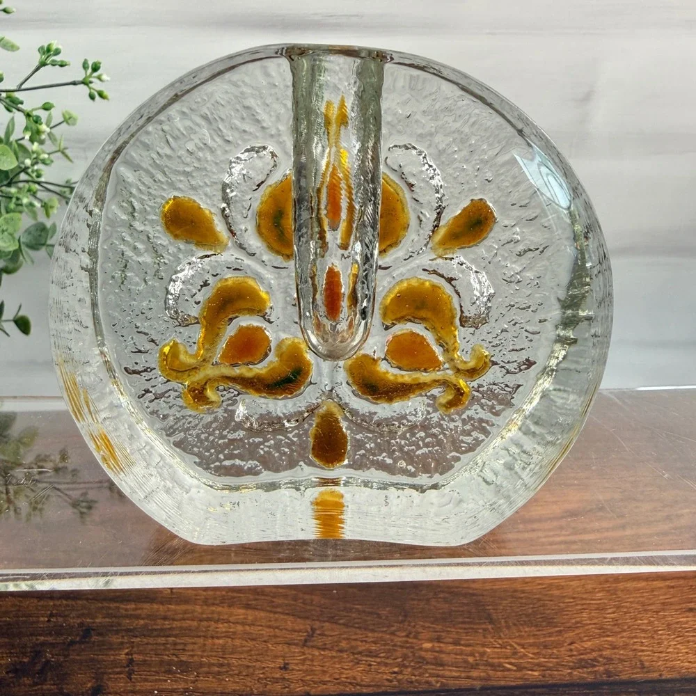 Walther Glas Crystal Bud Vase Amber Floral Relief West Germany